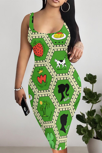 Green Sexy Plaid Graffiti Print Four Leaf Clover Contrast U Neck Printed Dresses