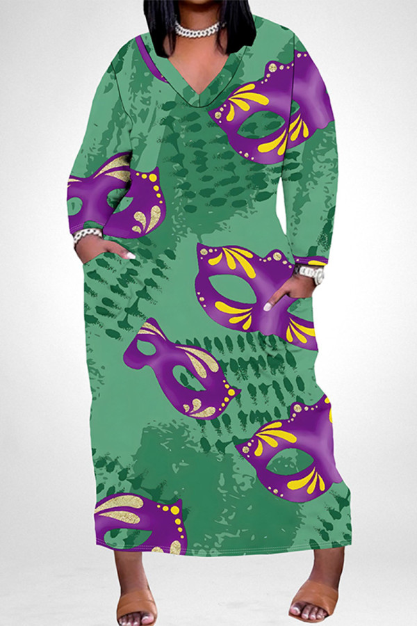 Green Casual Graffiti Print Mask Pocket Contrast V Neck Printed Plus Size Dresses