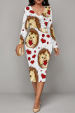 Rose Pink Elegant Love Print Lips Contrast V Neck Printed Dresses