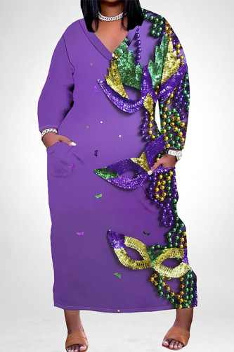 Purple Casual Graffiti Print Mask Pocket Contrast V Neck Printed Plus Size Dresses