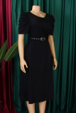 Green Casual Solid Color Ruched With Belt Zipper O Neck Long Dresses