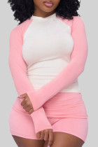 Pink Casual Patchwork Contrast O Neck Long Sleeve Two Pieces
