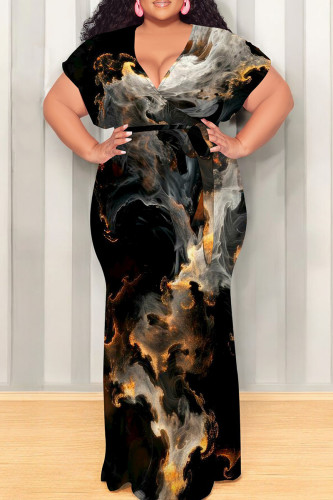 Black And White Casual Print Patchwork Strap Design V Neck Long Plus Size Dresses