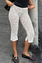 White Sexy Solid Color Patchwork Slit Skinny Mid Waist Conventional Patchwork Bottoms