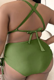 Green Sexy Solid Color Hollow Out Draw String Spaghetti Strap Plus Size Swimwear