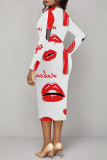 Rose Pink Elegant Love Print Lips Contrast V Neck Printed Dresses