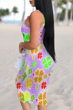Pink Sexy Plaid Graffiti Print Four Leaf Clover Contrast U Neck Printed Dresses
