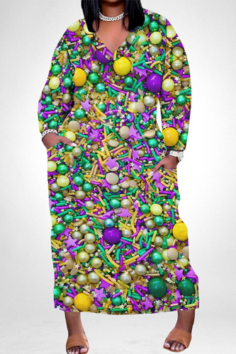 Colour Casual Graffiti Print Mask Pocket Contrast V Neck Printed Plus Size Dresses
