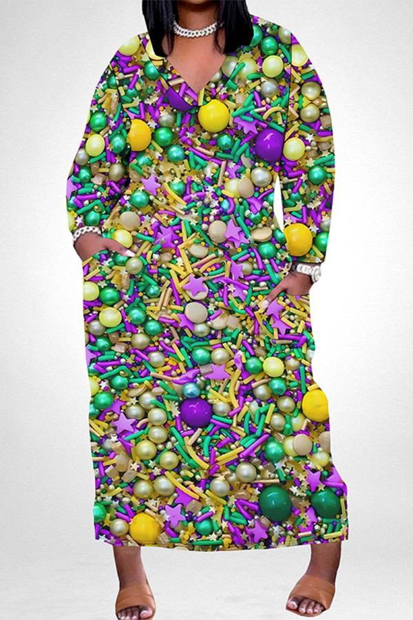 Colour Casual Graffiti Print Mask Pocket Contrast V Neck Printed Plus Size Dresses