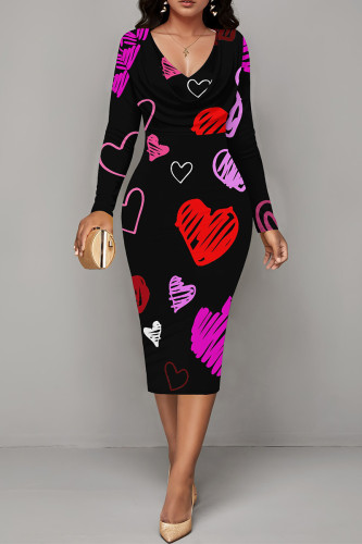 Black Elegant Love Print Lips Contrast V Neck Printed Dresses