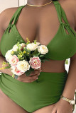 Green Sexy Solid Color Hollow Out Draw String Spaghetti Strap Plus Size Swimwear