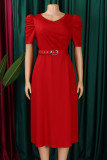 Green Casual Solid Color Ruched With Belt Zipper O Neck Long Dresses