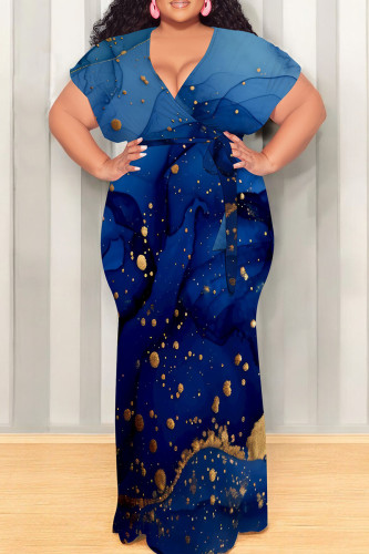 Dark Blue Casual Print Patchwork Strap Design V Neck Long Plus Size Dresses