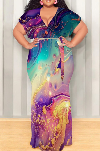 Purple Green Casual Print Patchwork Strap Design V Neck Long Plus Size Dresses