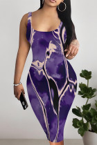 Purple Sexy Camouflage Print Leopard Contrast U Neck Printed Dresses