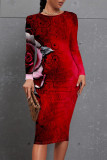 Black Green Elegant Floral Print Contrast O Neck Printed Dresses