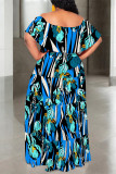 Baby Blue Sexy Geometric Print Ruffle Contrast Off Shoulder Printed Dresses