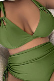 Green Sexy Solid Color Hollow Out Draw String Spaghetti Strap Plus Size Swimwear