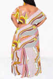 Baby Blue Sexy Geometric Print Ruffle Contrast Off Shoulder Printed Dresses