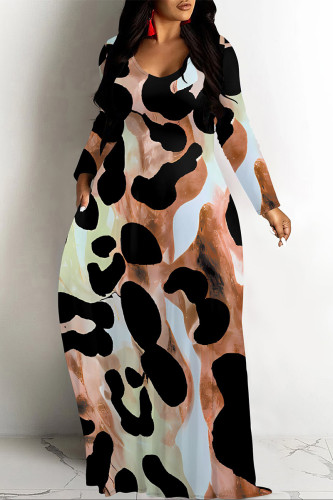 Brown Casual Leopard Print Pocket Contrast O Neck Printed Dresses