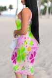 Pink Sexy Plaid Graffiti Print Four Leaf Clover Contrast U Neck Printed Dresses