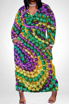 Green Purple Casual Graffiti Print Mask Pocket Contrast V Neck Printed Plus Size Dresses