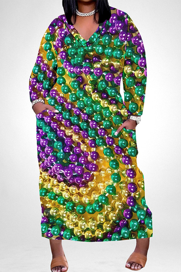 Green Purple Casual Graffiti Print Mask Pocket Contrast V Neck Printed Plus Size Dresses
