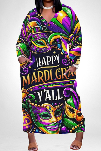Multicolor Casual Graffiti Print Mask Pocket Contrast V Neck Printed Plus Size Dresses