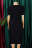 Green Casual Solid Color Ruched With Belt Zipper O Neck Long Dresses