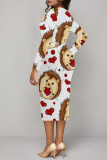 Rose Pink Elegant Love Print Lips Contrast V Neck Printed Dresses
