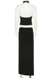 Black Sexy Solid Color Hollow Out Patchwork High Slit O Neck Sleeveless Two Pieces