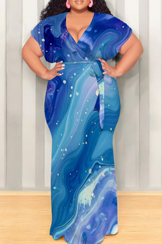 Blue Casual Print Patchwork Strap Design V Neck Long Plus Size Dresses