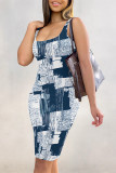 Blue Sexy Camouflage Print Leopard Contrast U Neck Printed Dresses