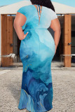Blue Casual Print Patchwork Strap Design V Neck Long Plus Size Dresses