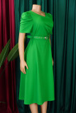 Green Casual Solid Color Ruched With Belt Zipper O Neck Long Dresses