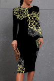 Black Green Elegant Floral Print Contrast O Neck Printed Dresses