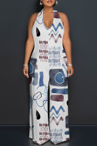 White Casual Geometric Print Pocket Lace Up Backless Contrast Halter Loose Jumpsuits