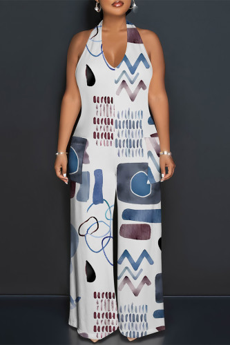 White Casual Geometric Print Pocket Lace Up Backless Contrast Halter Loose Jumpsuits