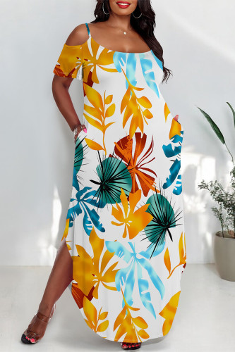 White Sexy Floral Print Pocket Slit Contrast O Neck Printed Plus Size Dresses