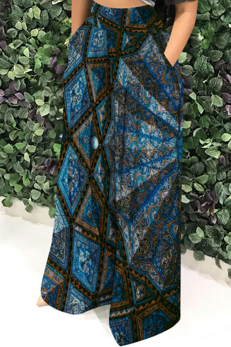 Blue Black Casual Print Pocket Patchwork Loose Mid Waist Full Print Bottoms