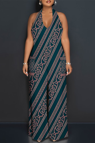 Navy Blue Casual Geometric Print Pocket Lace Up Backless Contrast Halter Loose Jumpsuits