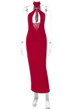 Red Sexy Solid Color Hollow Out Patchwork Backless O Neck Long Dresses