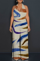 Beige Casual Geometric Print Pocket Lace Up Backless Contrast Halter Loose Jumpsuits