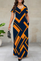 Tibetan Blue Casual Floral Print Stripe Pocket Contrast V Neck Printed Dresses