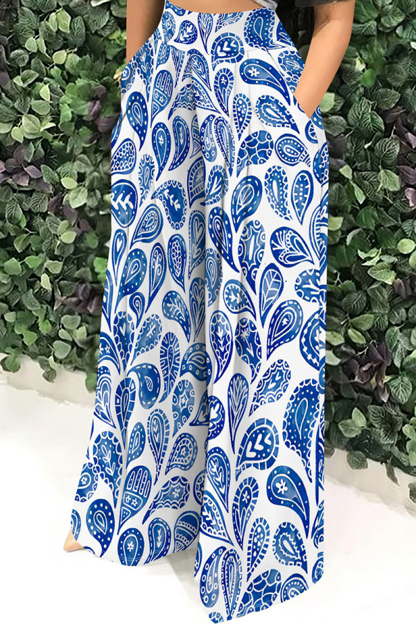 White Blue Casual Print Pocket Patchwork Loose Mid Waist Full Print Bottoms