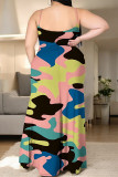 Purple Sexy Camouflage Print Gradient Slit Contrast U Neck Printed Plus Size Dresses