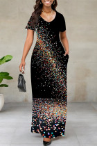 Black Casual Floral Print Stripe Pocket Contrast V Neck Printed Dresses