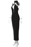 Red Sexy Solid Color Hollow Out Patchwork Backless O Neck Long Dresses