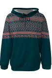 Mint green Casual Geometric Print Draw String Pocket Hooded Tops