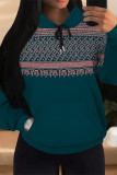 Mint green Casual Geometric Print Draw String Pocket Hooded Tops
